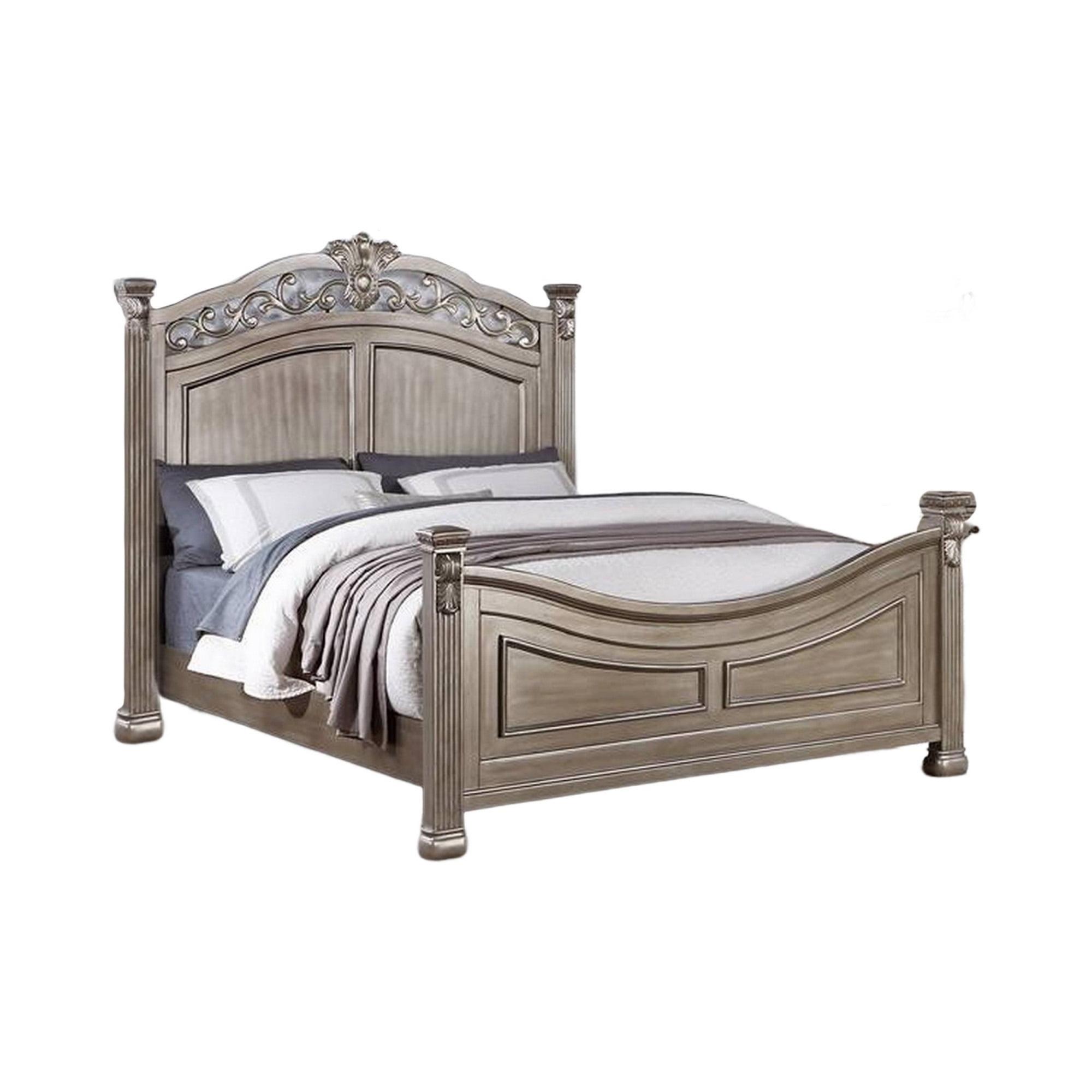 Benjara Aza Traditional Wood Queen Size Bed, Leaf Carvings, Champagne Gold Finish