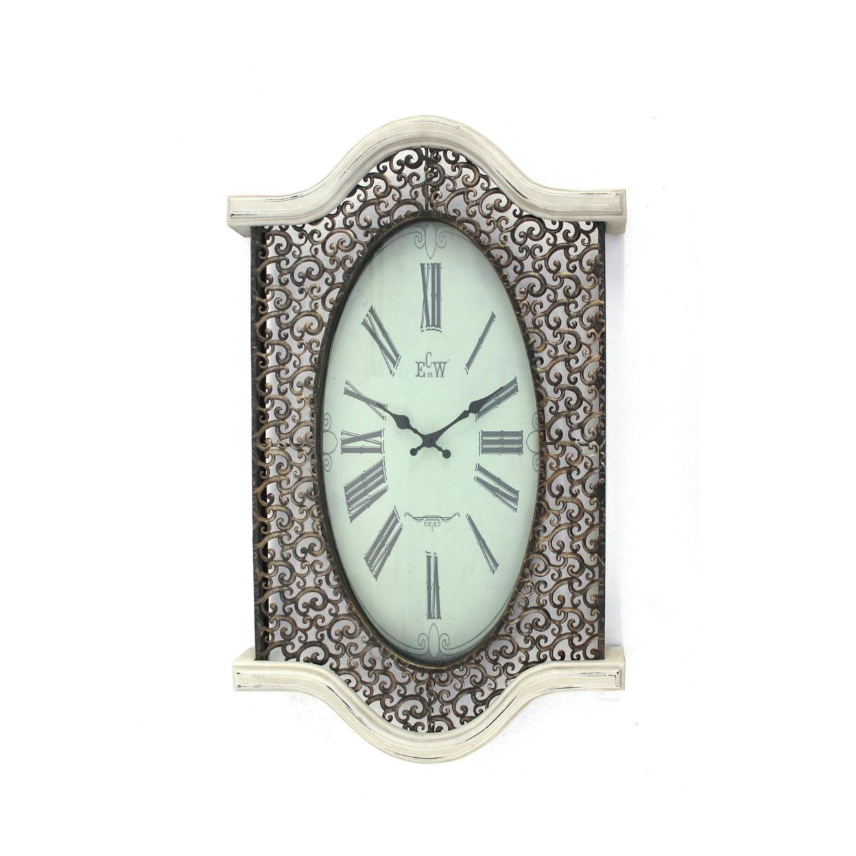 Wall Clock with Scalloped Wooden Top and Bottom, White- Saltoro Sherpi