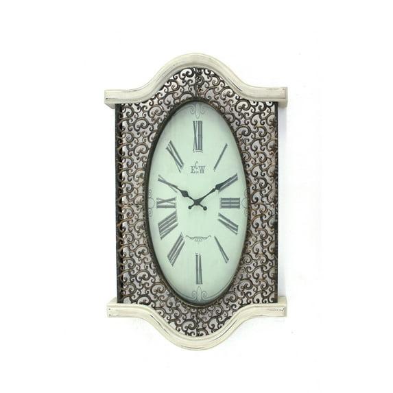Wall Clock with Scalloped Wooden Top and Bottom, White- Saltoro Sherpi