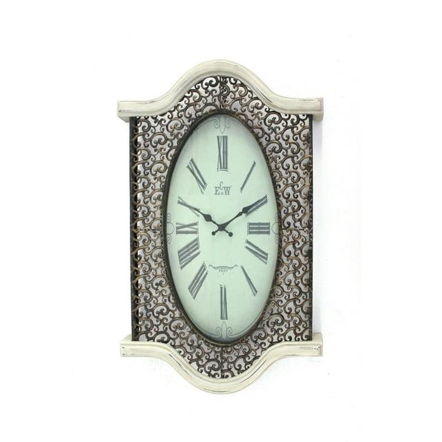Wall Clock with Scalloped Wooden Top and Bottom, White- Saltoro Sherpi