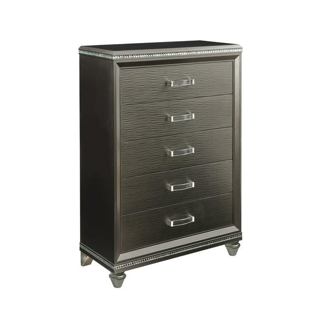 Benjara BM218517 Contemporary 5 Drawer Wooden Chest with Mirror Trim Details, Brown
