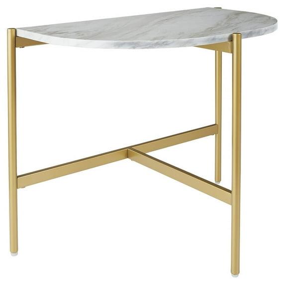 Benjara 26" Crescent Moon Shaped Marble and Metal Side End Table in White/Gold