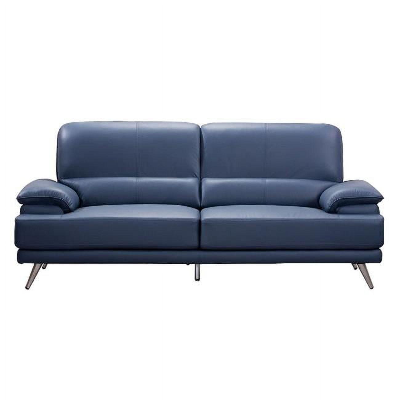 Navy Blue Contemporary Leather Sofa with Pillowtop Arms and Split Back