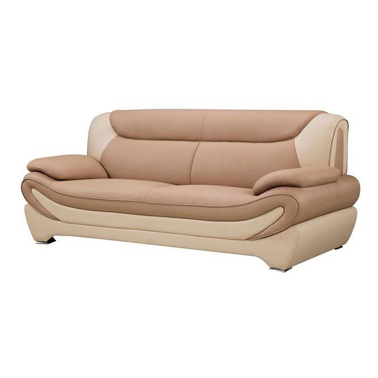 Beige and Brown Tufted Faux Leather Sofa with Pillow-top Arms