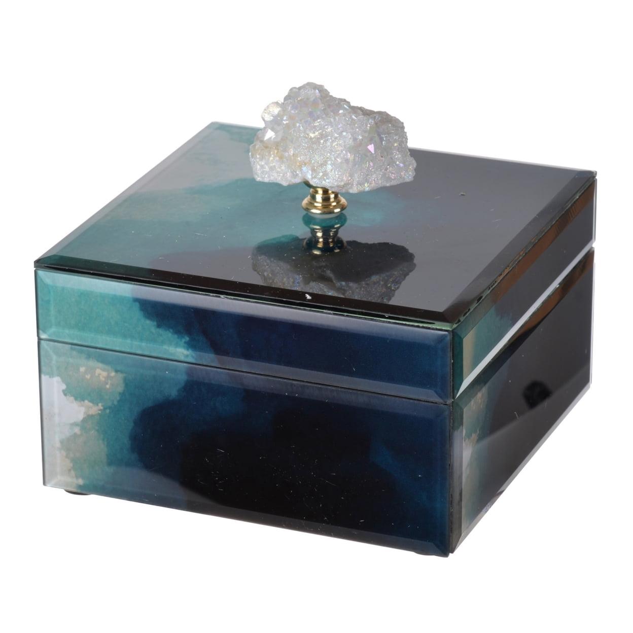 6 in. Eve Decorative Accessory Box with Elegant Stone & Finial Accent, Blue