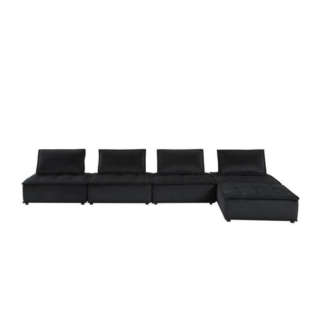 Benjara BM302293 Alaya Black Velvet Upholstery Foam Modular Sectional Sofa with Ottoman - 5 Piece