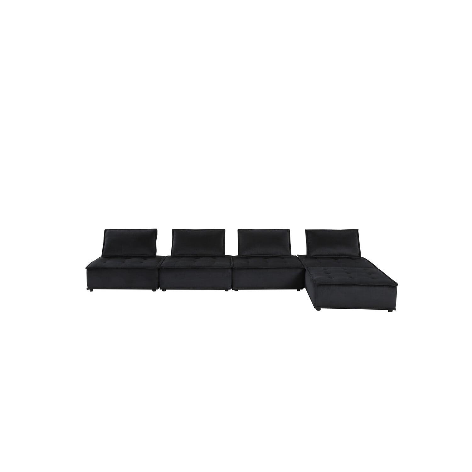 Alaya 5pc Foam Modular Sectional Sofa with Ottoman, Black Velvet Upholstery