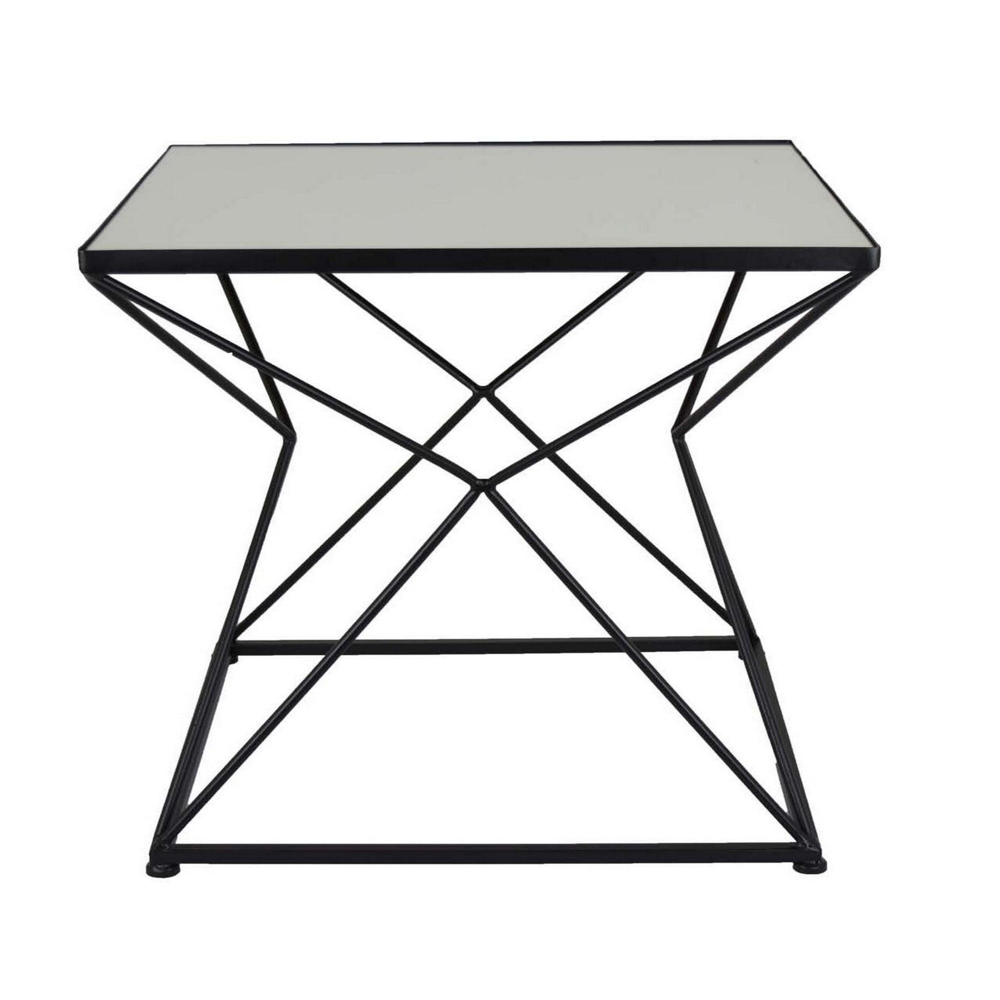 BenJara 21 Inch Plant Stand Side Table, Mirror Top, Black Geometric Metal Frame