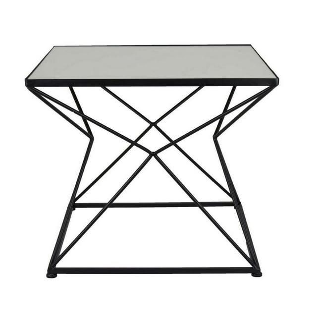 BenJara 21 Inch Plant Stand Side Table, Mirror Top, Black Geometric Metal Frame