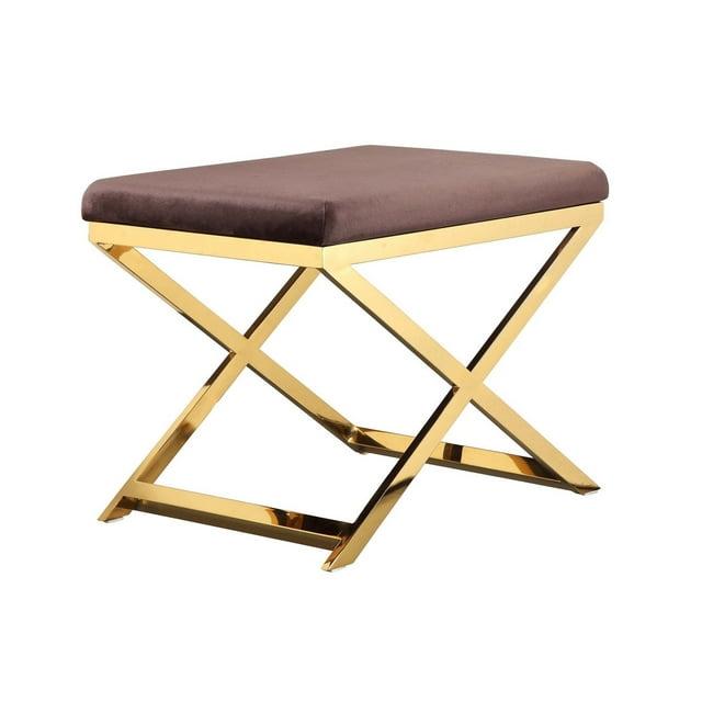 Benjara BM317098 20 in. Sovi Chocolate Brown Velvet Stainless Steel Gold Ottoman Stool