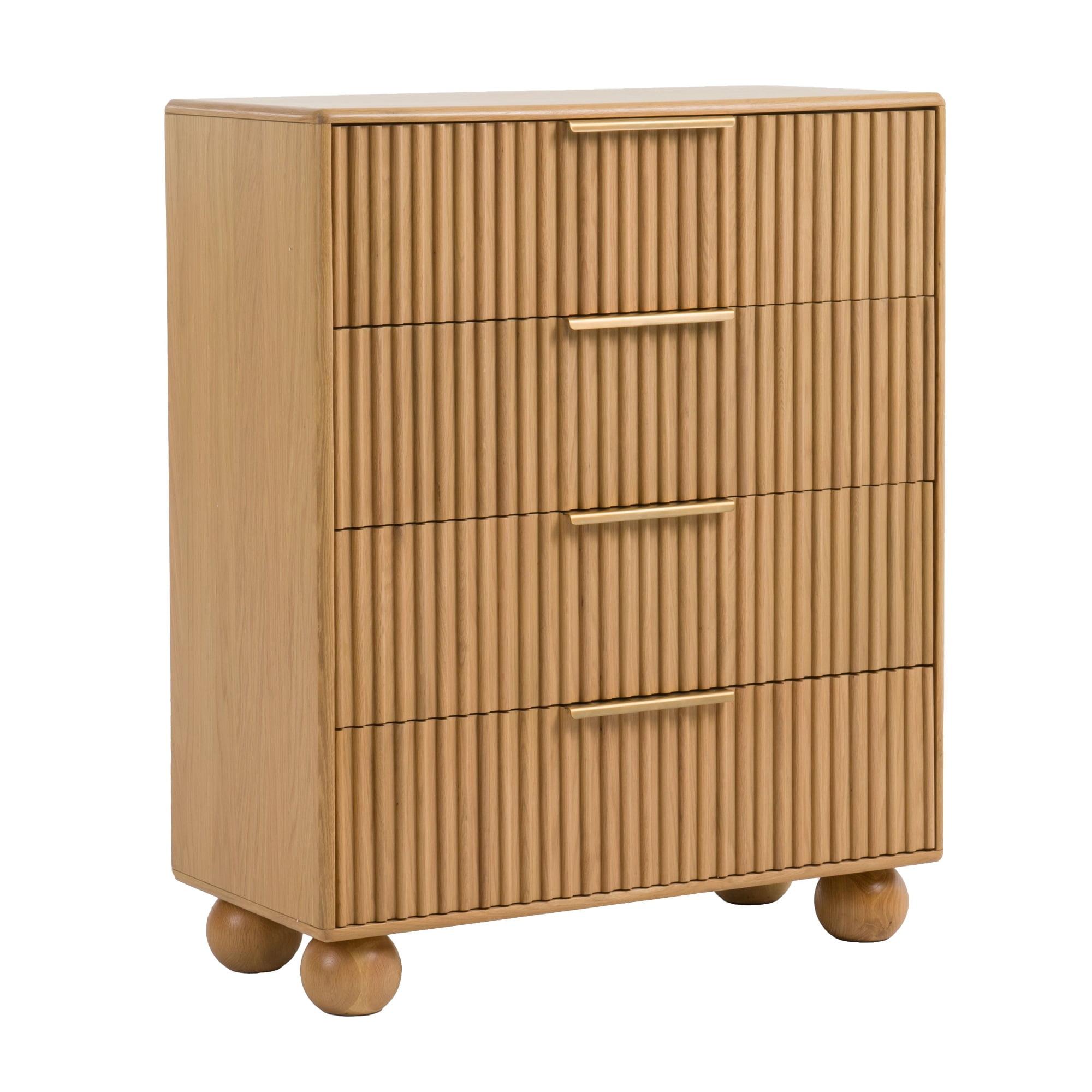 Benjara Cid Joya 45 Inch Tall Chest, 4 Drawers, Golden Metal Handles, Natural Oak