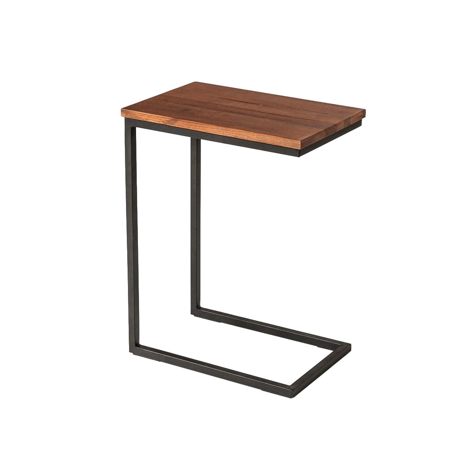 Oak Wood C-Shaped End Table in Brown and Black