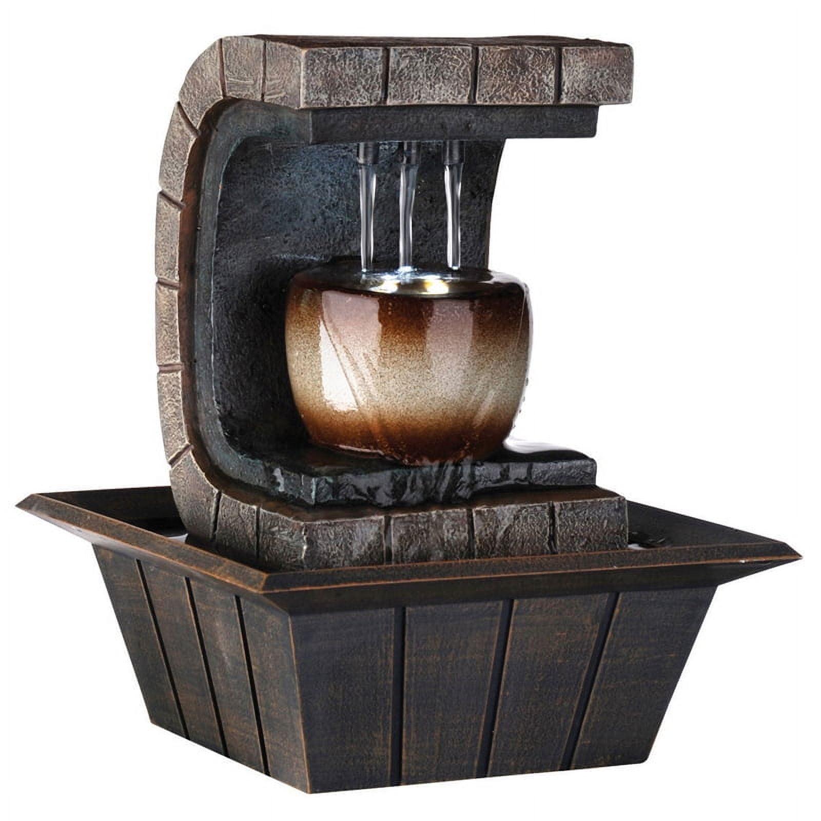 Benjara C Shaped Polyresin Frame Fountain with Tapered Base and LED Lights, Brown