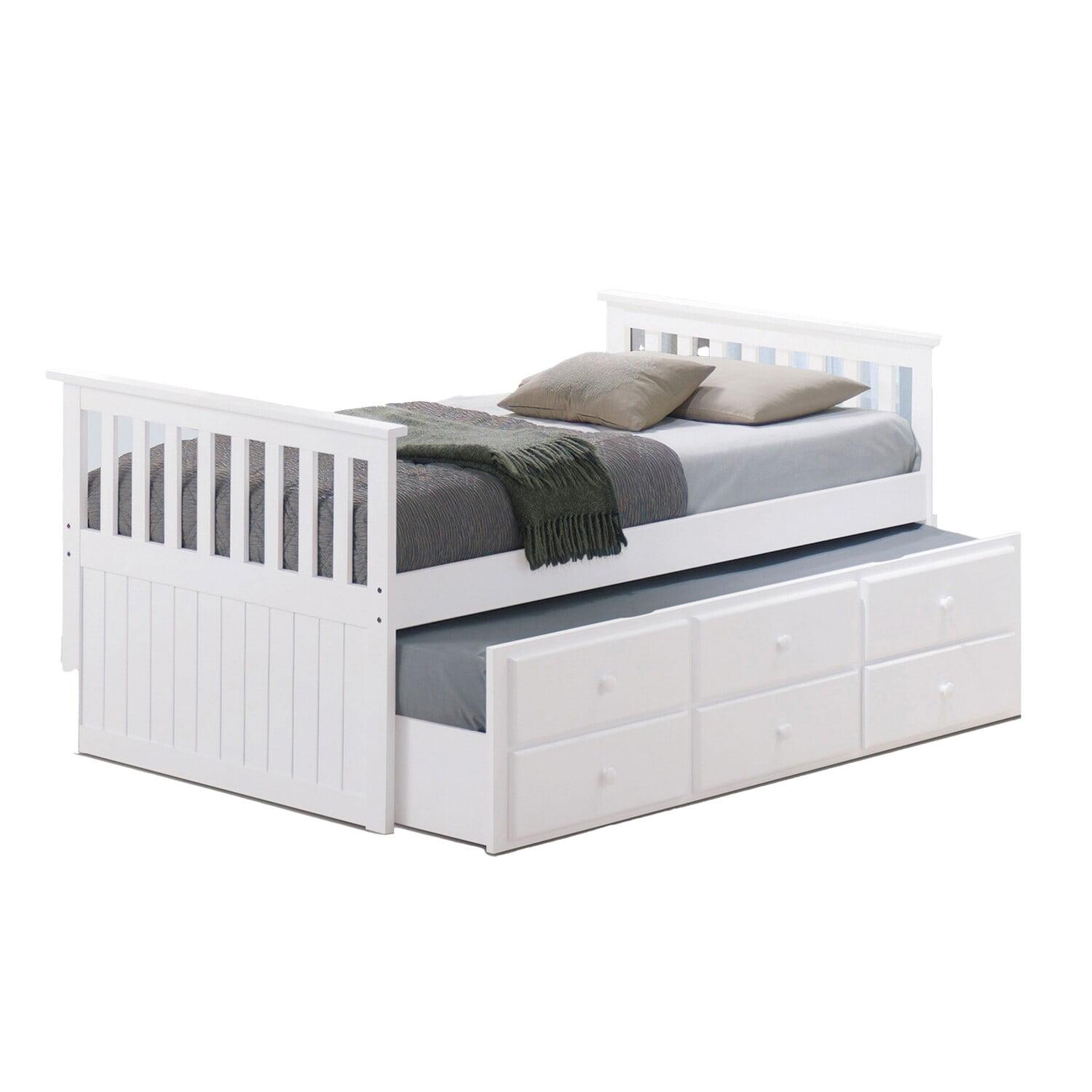 Benjara Clen Twin Captain Bed, Trundle with 3 Drawer Storage, White Solid Hardwood