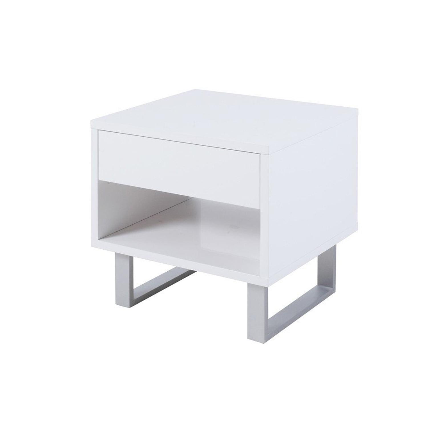 Contemporary Storage End Table With Metallic Base, Glossy White