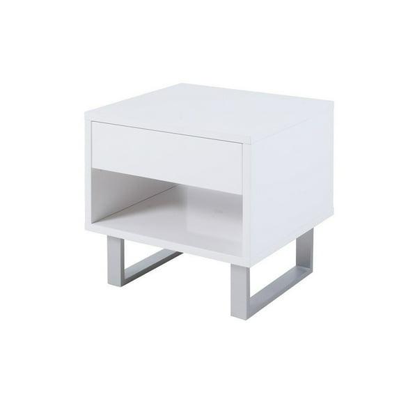 Contemporary Storage End Table With Metallic Base, Glossy White