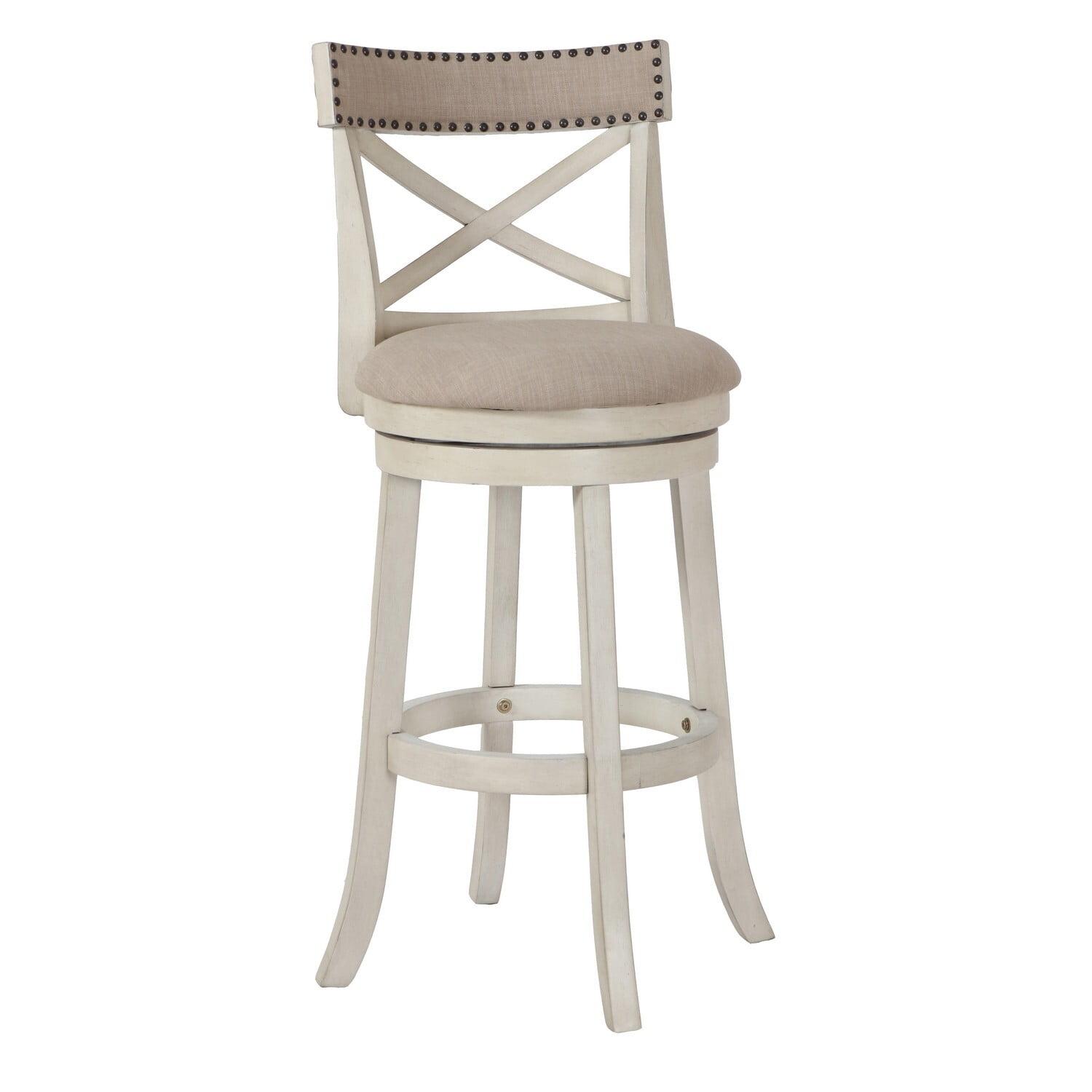 Benjara Curved X Shaped Back Swivel Barstool with Fabric Padded Seating, Antique White