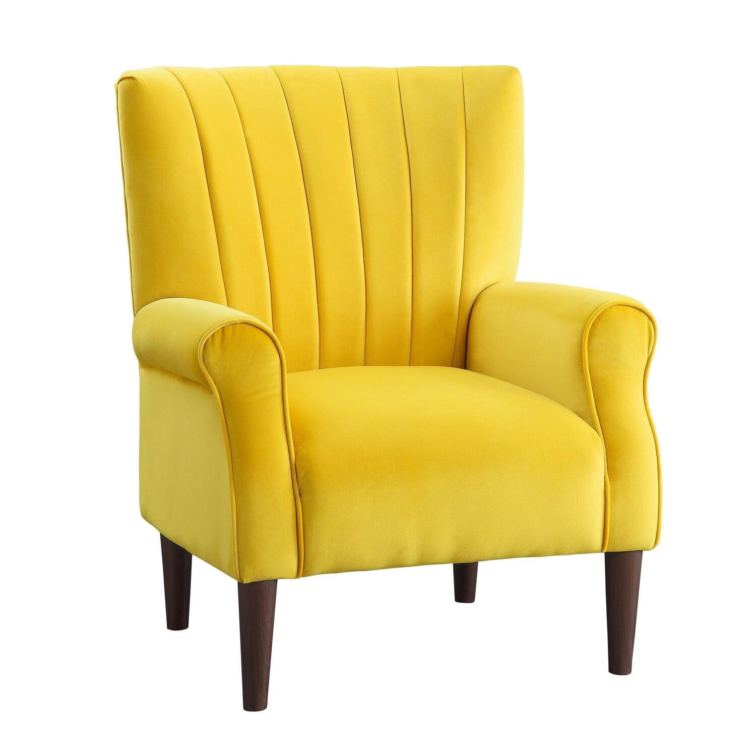 Elle Yellow Velvet Barrel Accent Chair with Dark Wood Legs