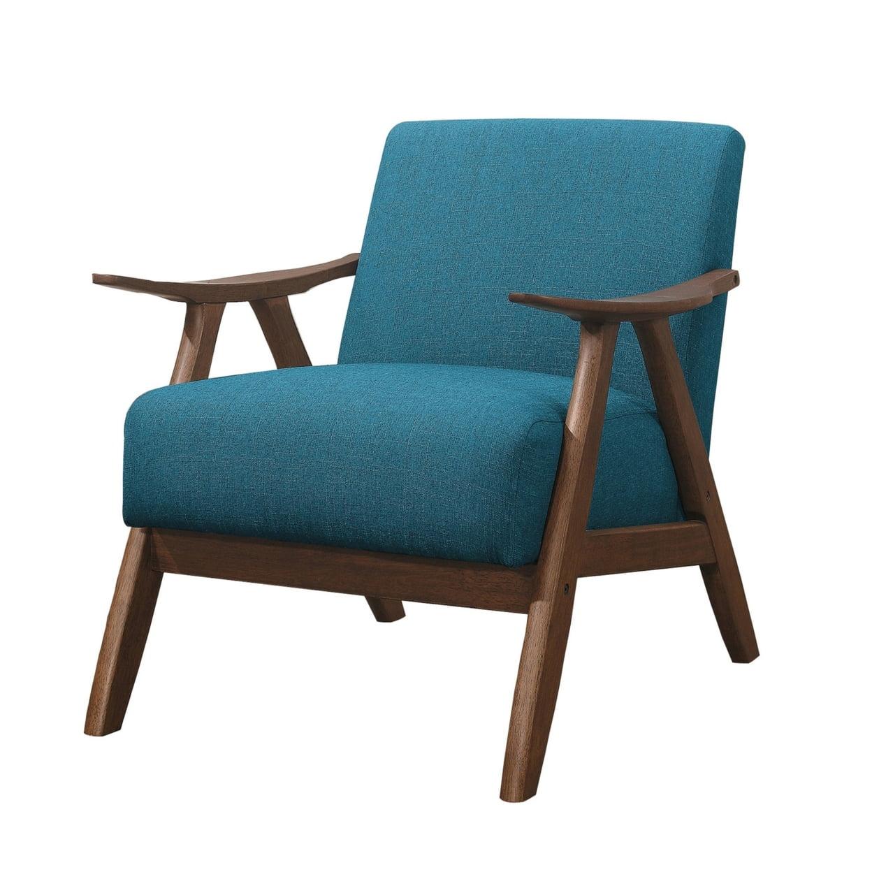 Retro Blue Fabric Upholstered Accent Chair with Curved Wooden Armrests