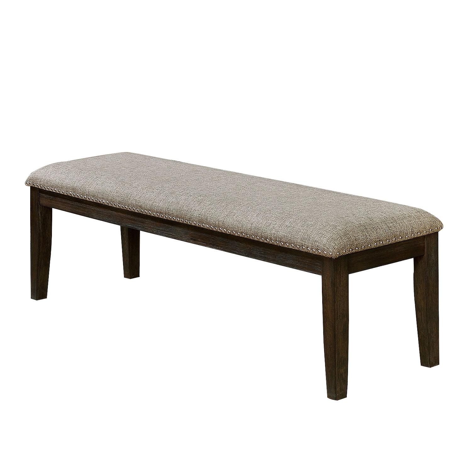 Gray Fabric Upholstered Bench with Nailhead Trim and Espresso Legs