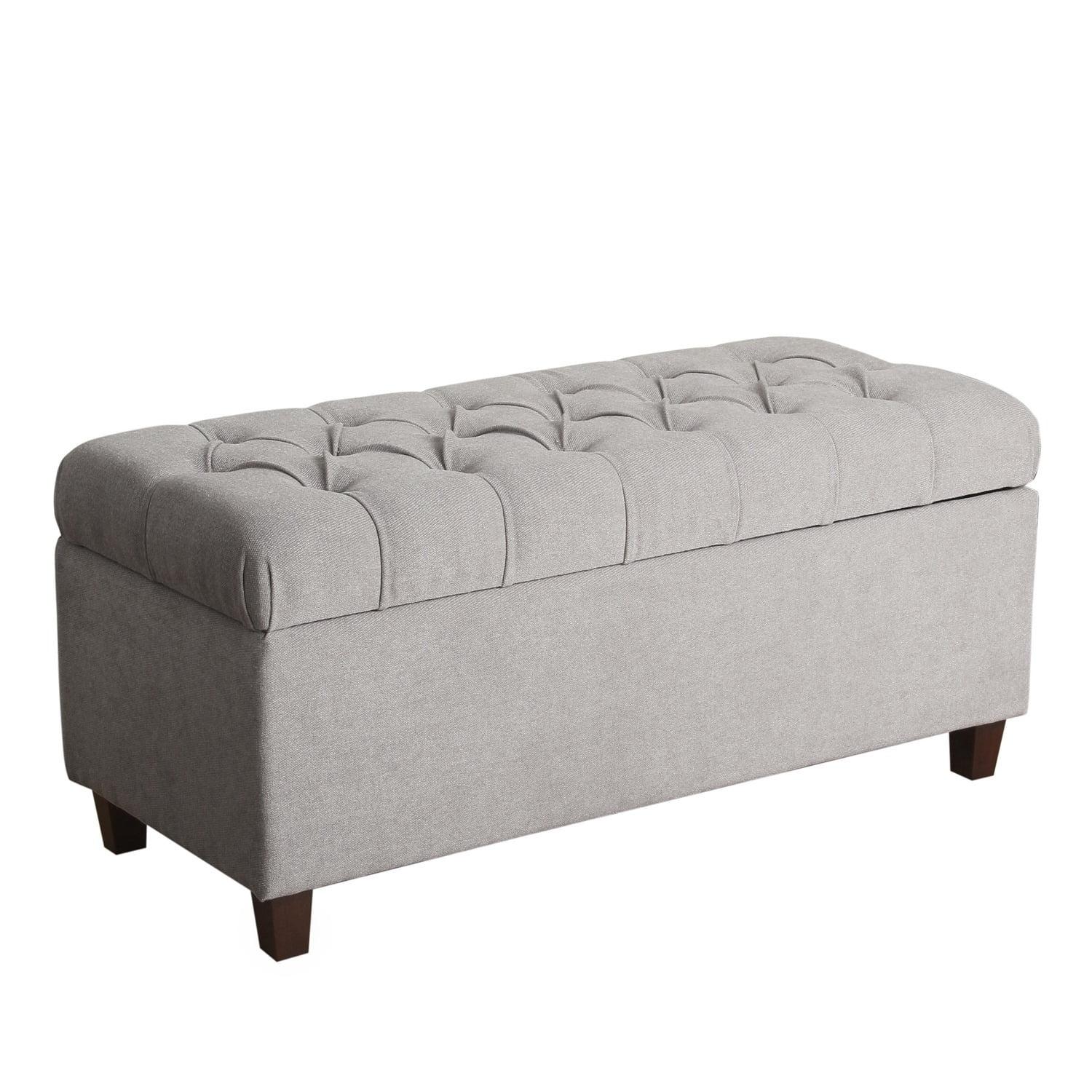 Benjara  Fabric Upholstered Button Tufted Wooden Bench with Hinged Storage - Gray & Brown