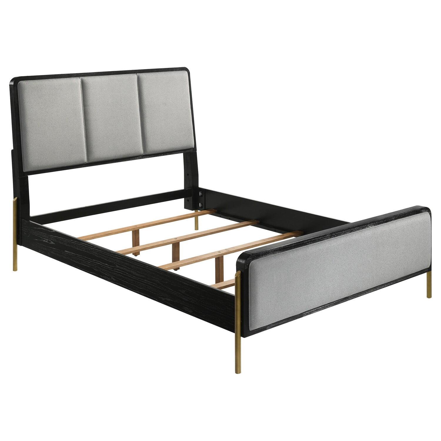 Benjara Fij Bed, 3 Block Panel Headboard, Slim Legs