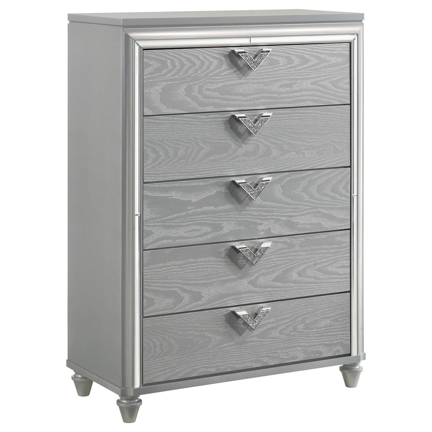 Benjara Haley Tall Dresser Chest, V Shaped Glittering Metal Handles, Light Silver
