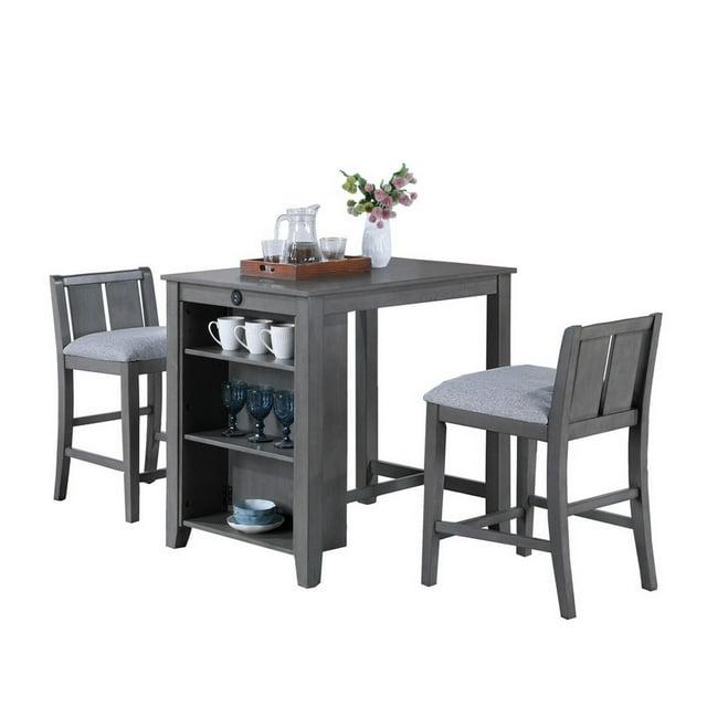 Benjara Ham 3 Piece Counter Height Compact Dining Table, Chair Set, Gray Wood