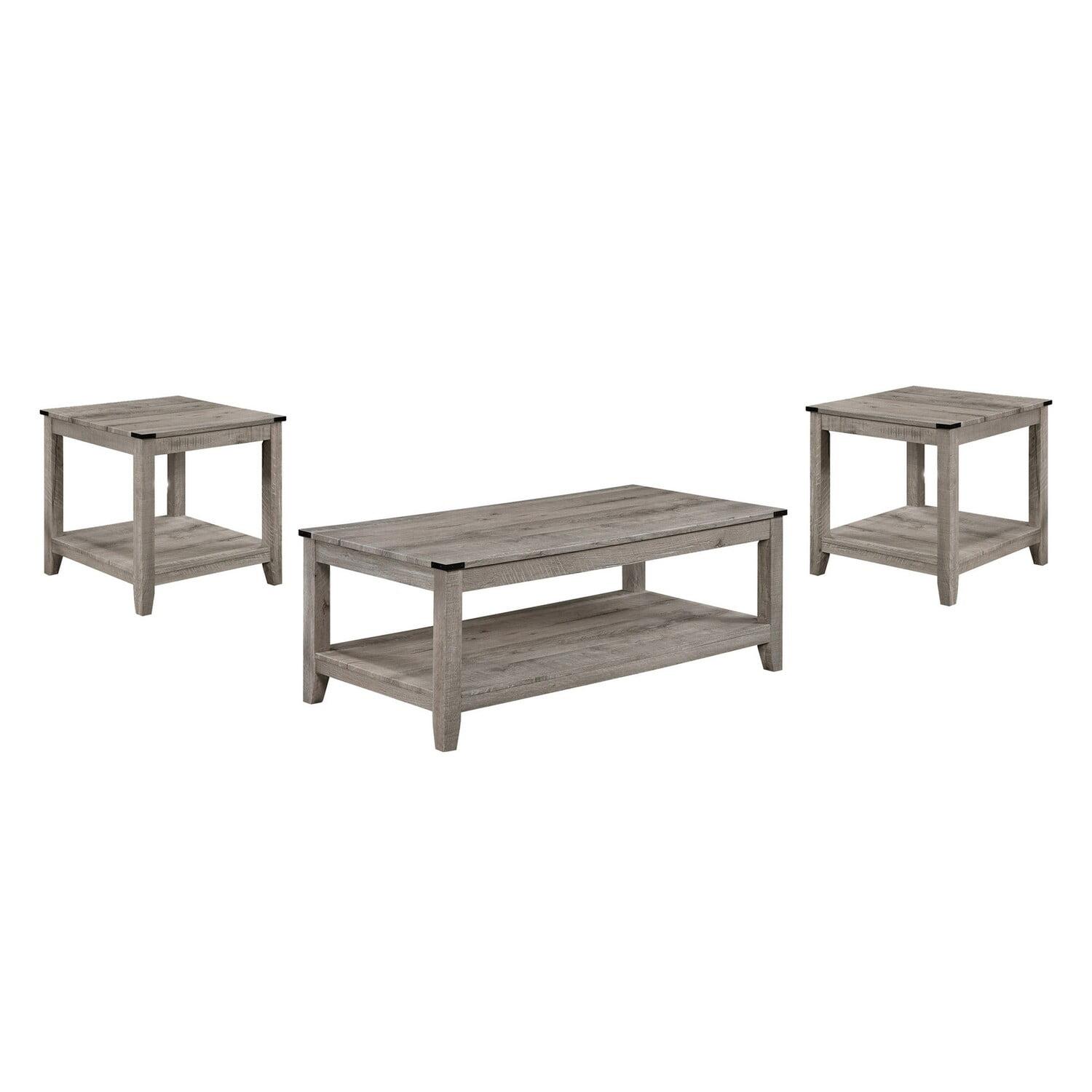 Benjara Hilton 3 Piece Coffee and End Table Set, Wood, Storage Shelf, Beige Finish