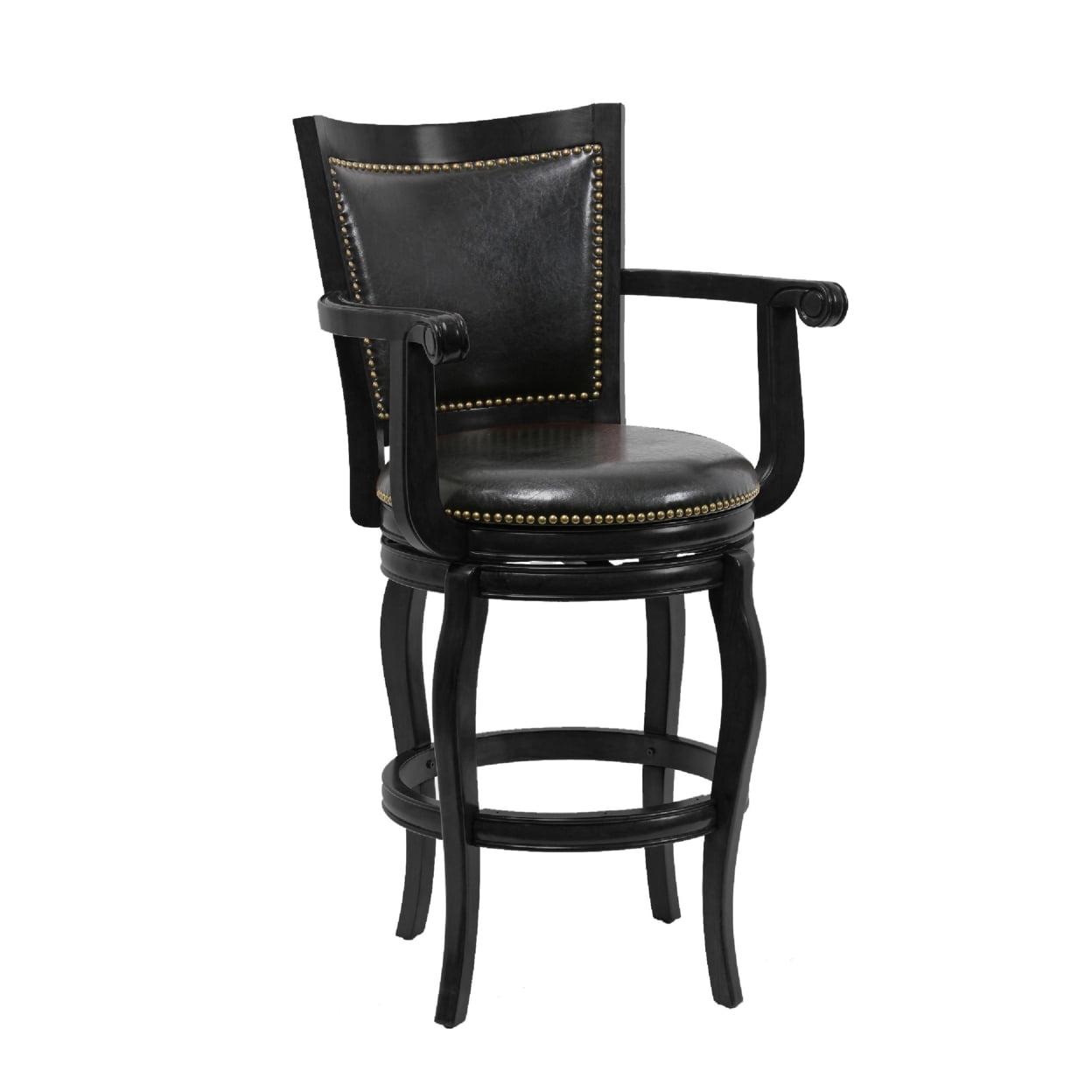 Benjara Hugo 29 Inch 360-Degree Swivel Barstool, Wood, Open Rolled Arms, Black