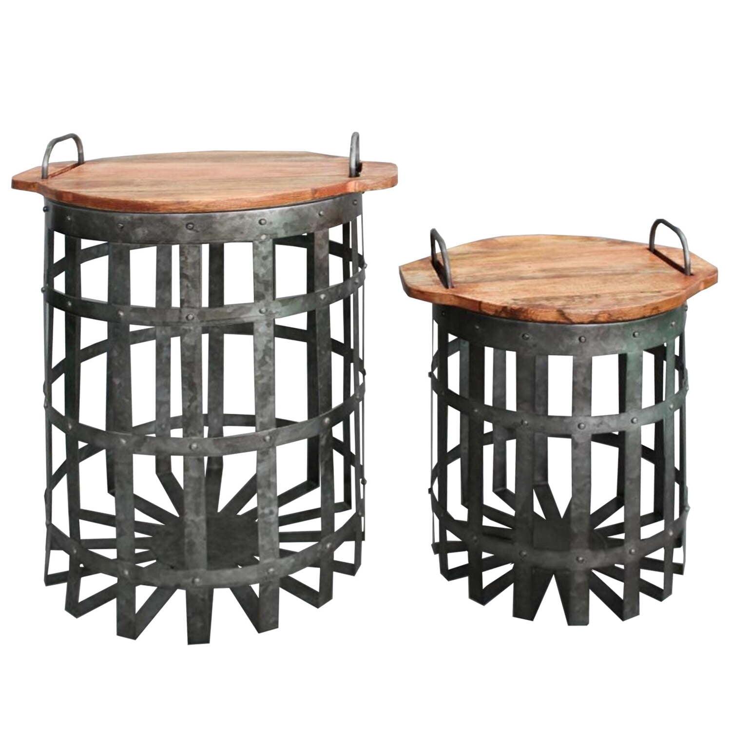 Benzara Set of 2 Industrial Grid Galvanized Accent End Table with Round Lid and Handles Accent Tables Gray/Brown