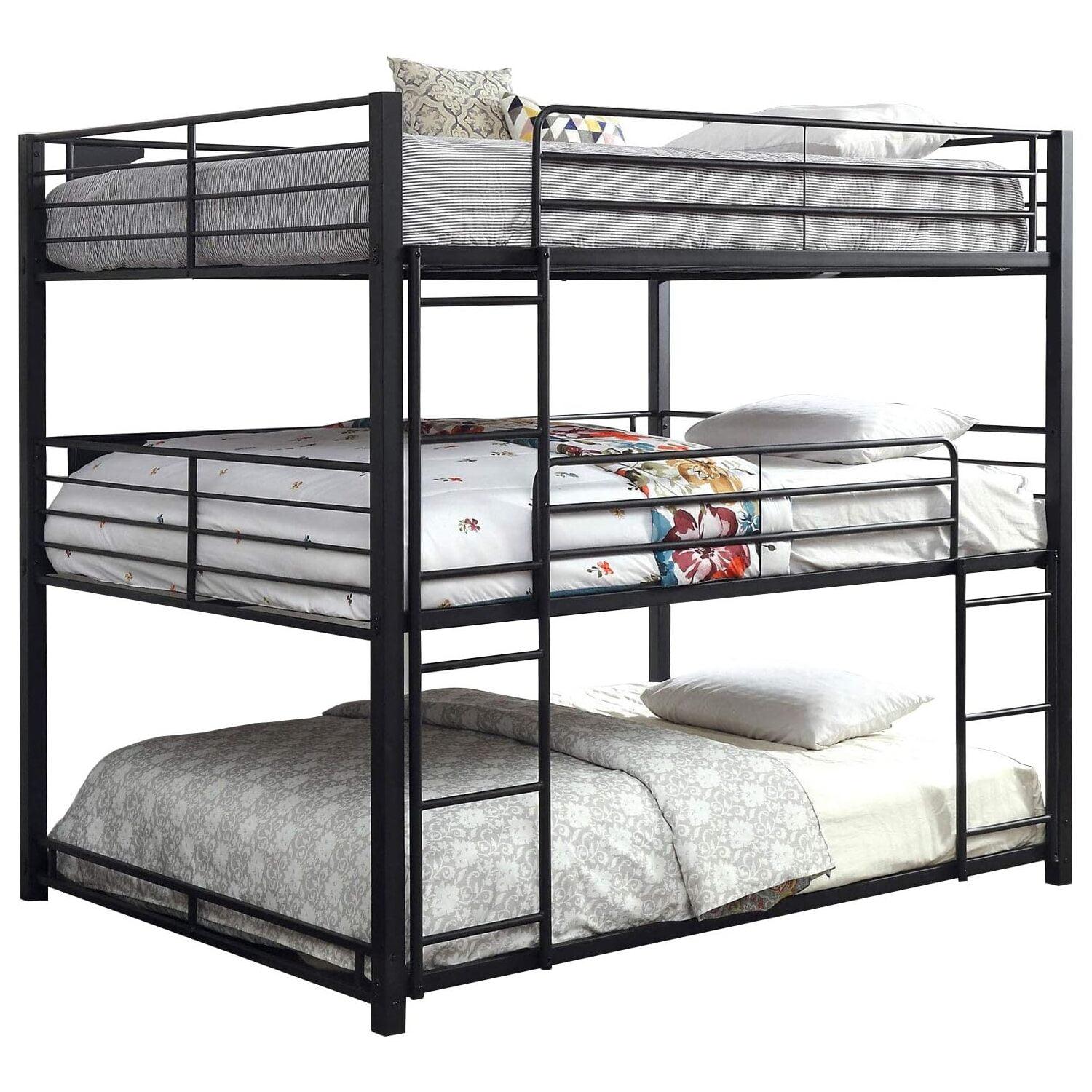 Benjara Industrial Style Queen Triple Decker Bunk Bed with Ladder, Black