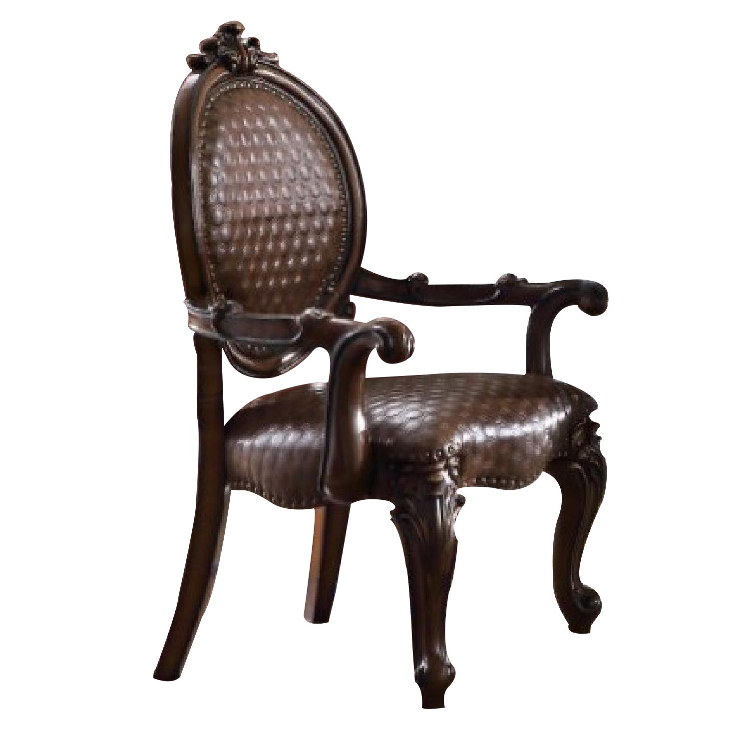 Kai 26 Inch Solid Wood Carved Armchair, Rolled Arms, Vegan Leather, Cherry - Saltoro Sherpi