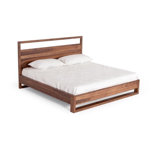 Benjara Lina Bed With Plank Style Tall Headboard, Modern Walnut Brown