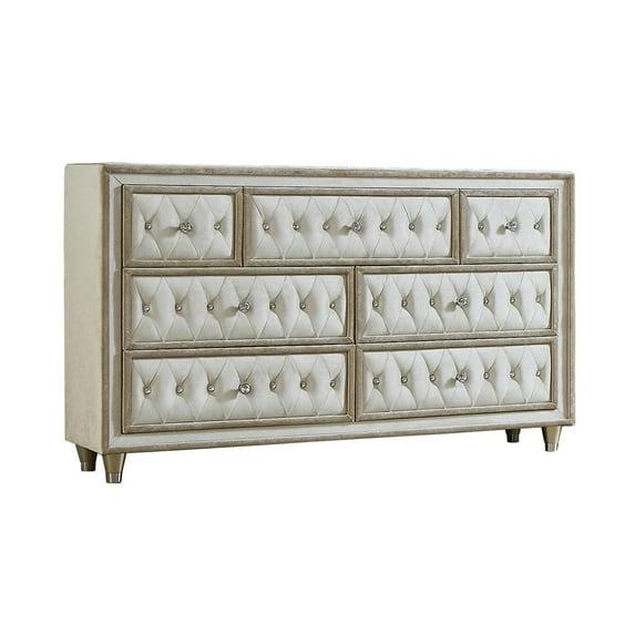 Benjara Matt 61 Inch Side Dresser, 7 Drawers, Velvet Tufted, Ivory, Light Brown