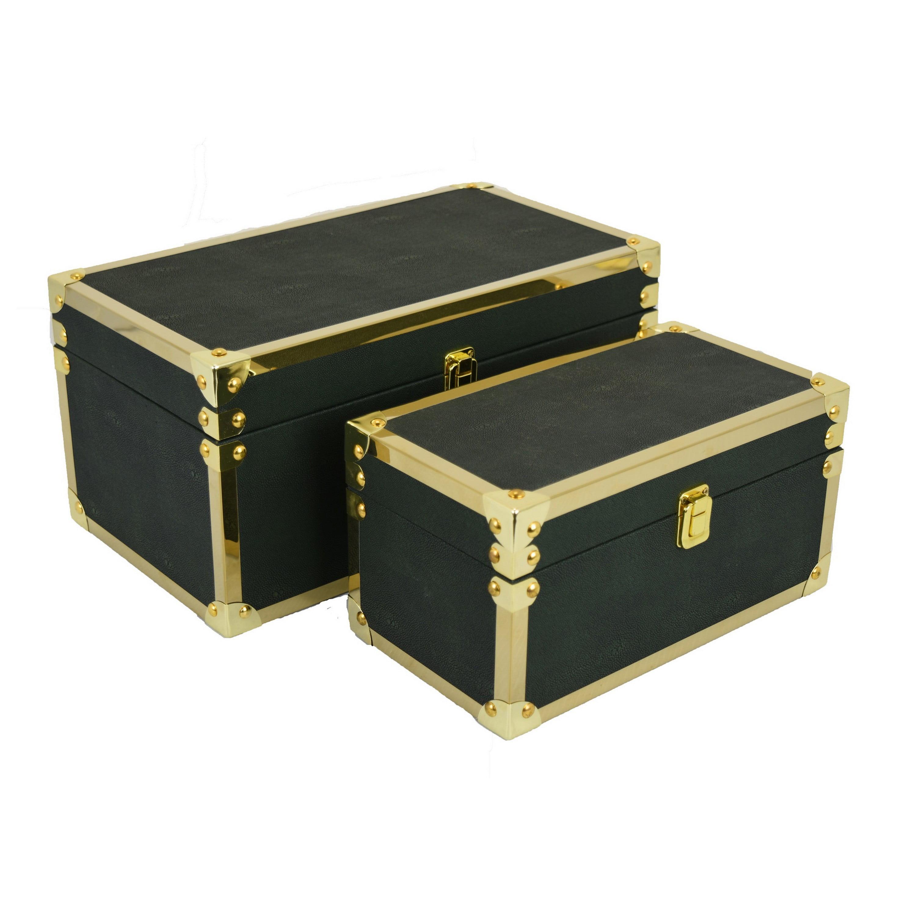 Benjara Mecca Storage Box Set of 2, Rivet Accents, Metal Trim, Wood