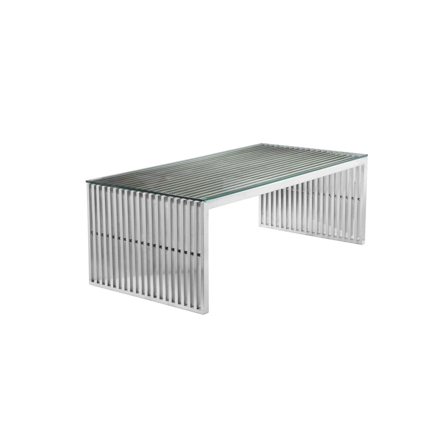 Benjara Meza 47 Inch Coffee Table, Glass Top, Waterfall Slatted Panel Frame, Silver