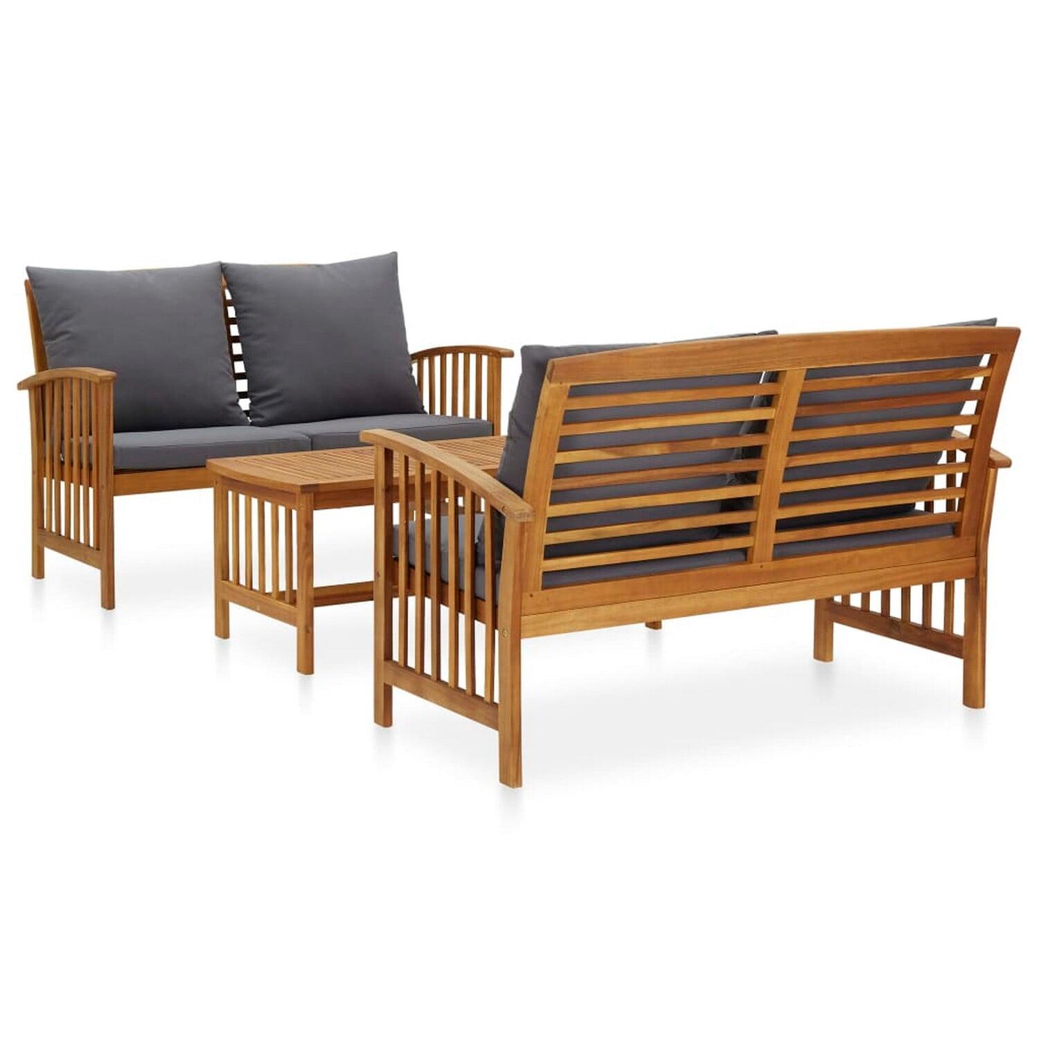 Benjara Mia 3Pc Outdoor Loveseat Bench And Coffee Table Set, Gray, Acacia Wood