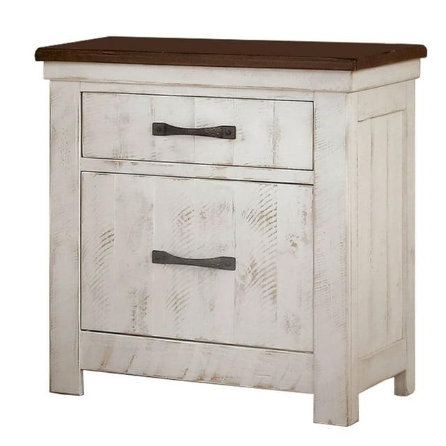 Benjara Nightstand with Plank Design 2 Drawers and USB Plugs, White and Brown
