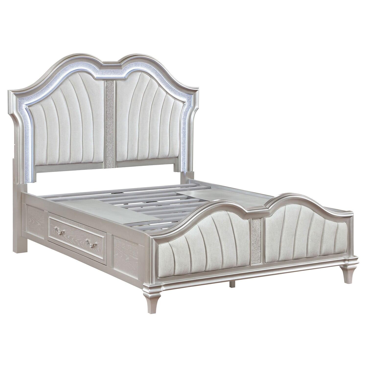 Benjara Nive Bed, LED Arch, Ivory Upholstery, Storage, Silver