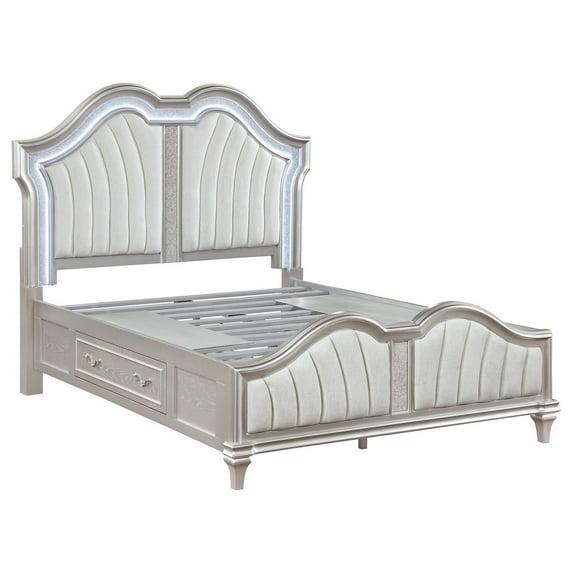 Benjara Nive Bed, LED Arch, Ivory Upholstery, Storage, Silver