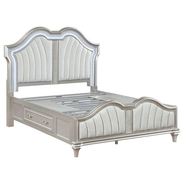 Benjara Nive Bed, LED Arch, Ivory Upholstery, Storage, Silver