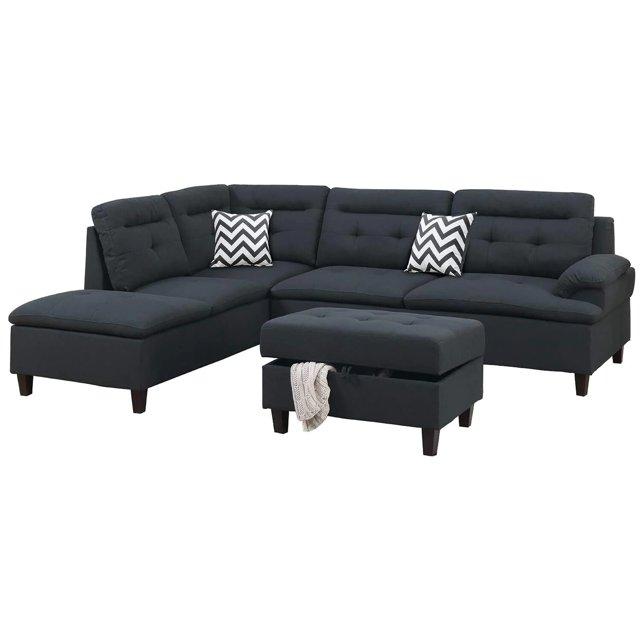Benjara Olga 3 Piece L Shape Sectional Sofa with Ottoman, 2 Throw Pillows, Black-Color:Black,Material:Polyfiber
