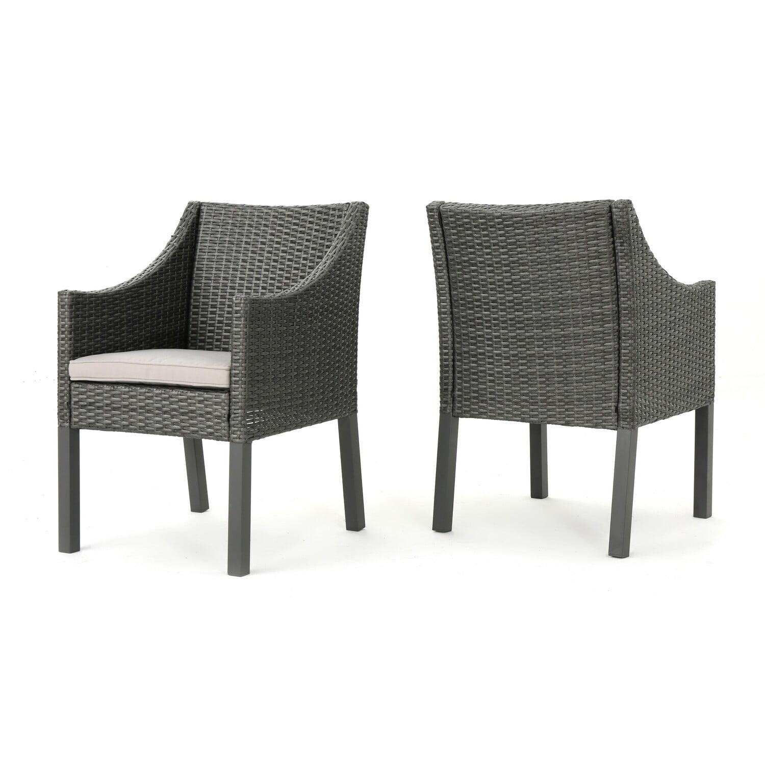 Benjara Outdoor Dining Chair, Sloped Arms, Waterproof Rattan, Gray and Silver