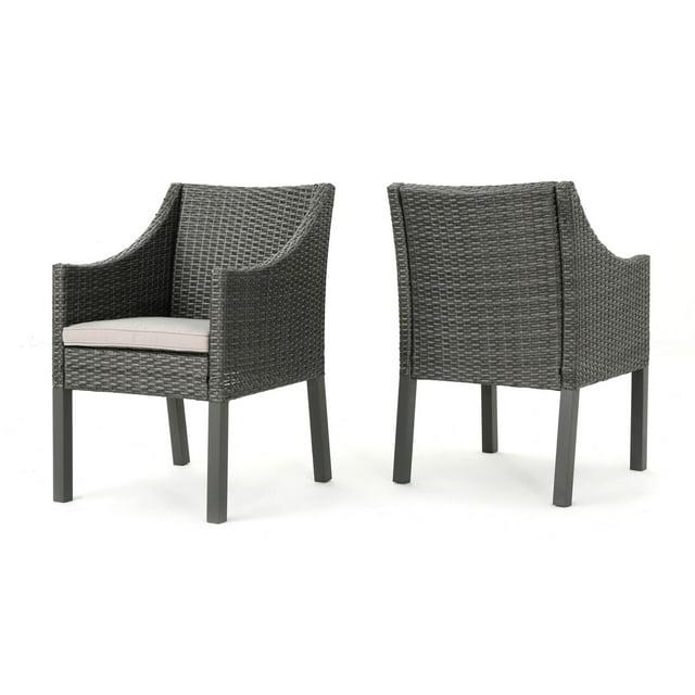 Benjara Outdoor Dining Chair, Sloped Arms, Waterproof Rattan, Gray and Silver