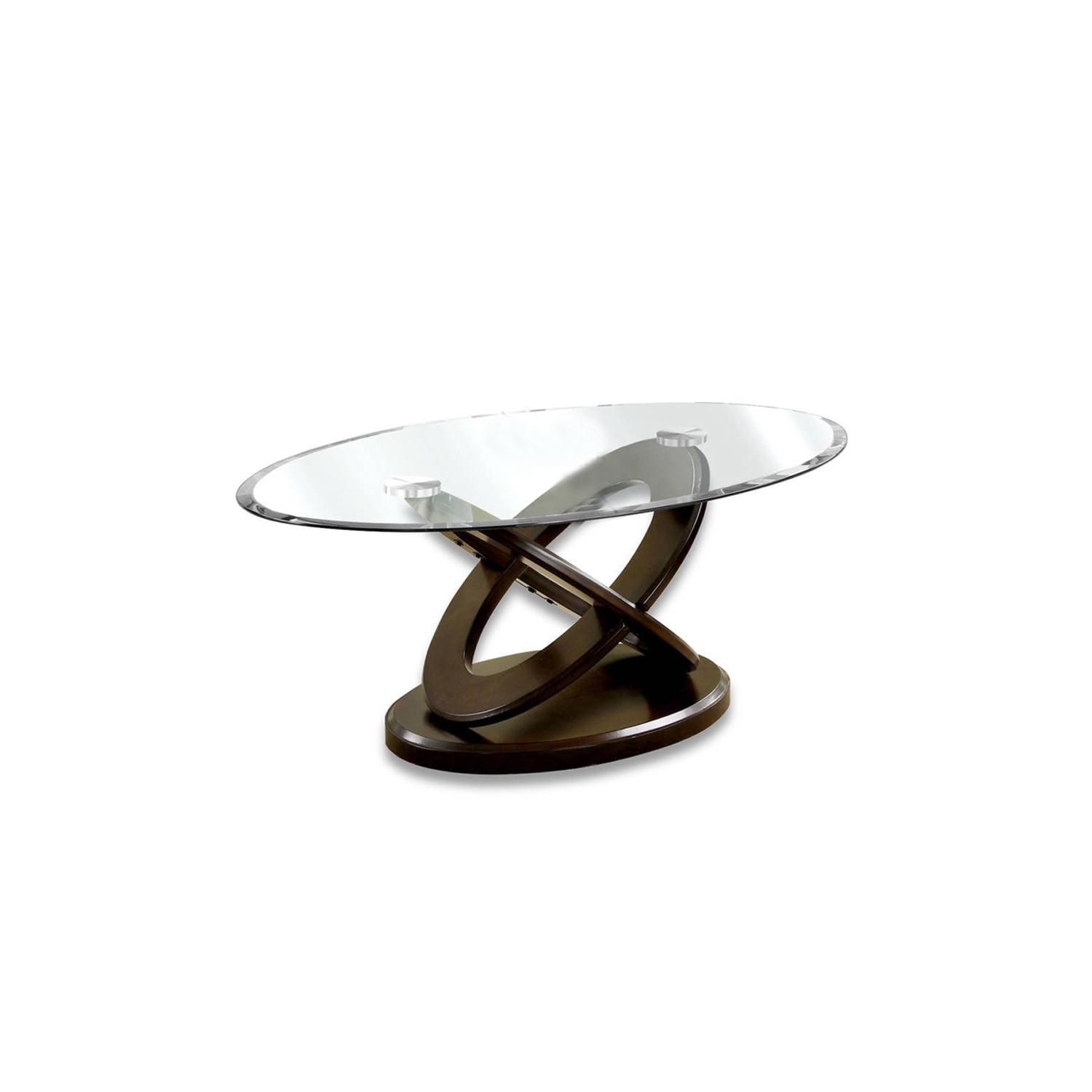 Benjara Oval Glass Top Coffee Table with Cross Oval Base, Brown and Clear