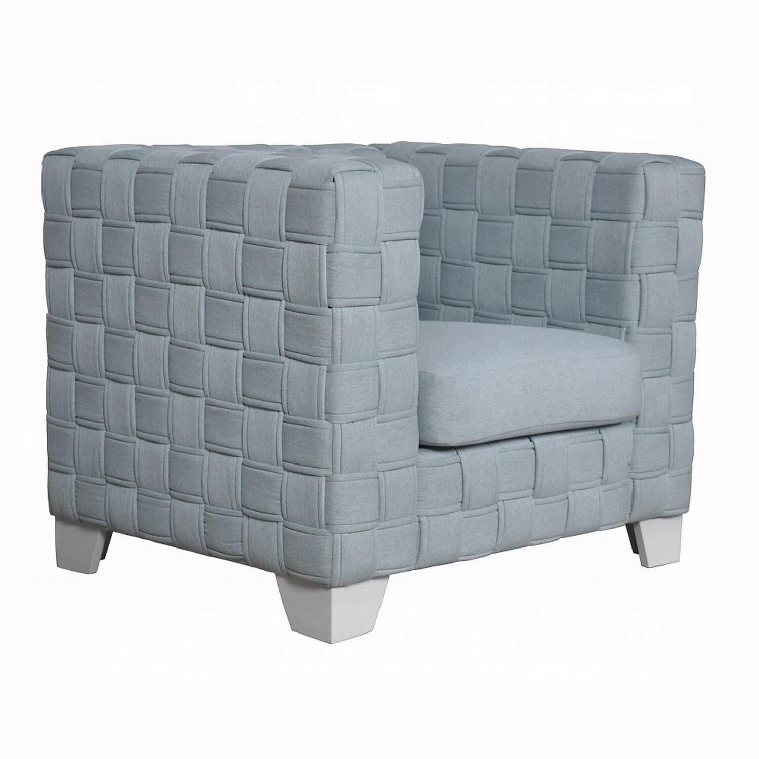 Benjara Reah Accent Chair, Knitted Light Blue Chenille, White Composite Wood