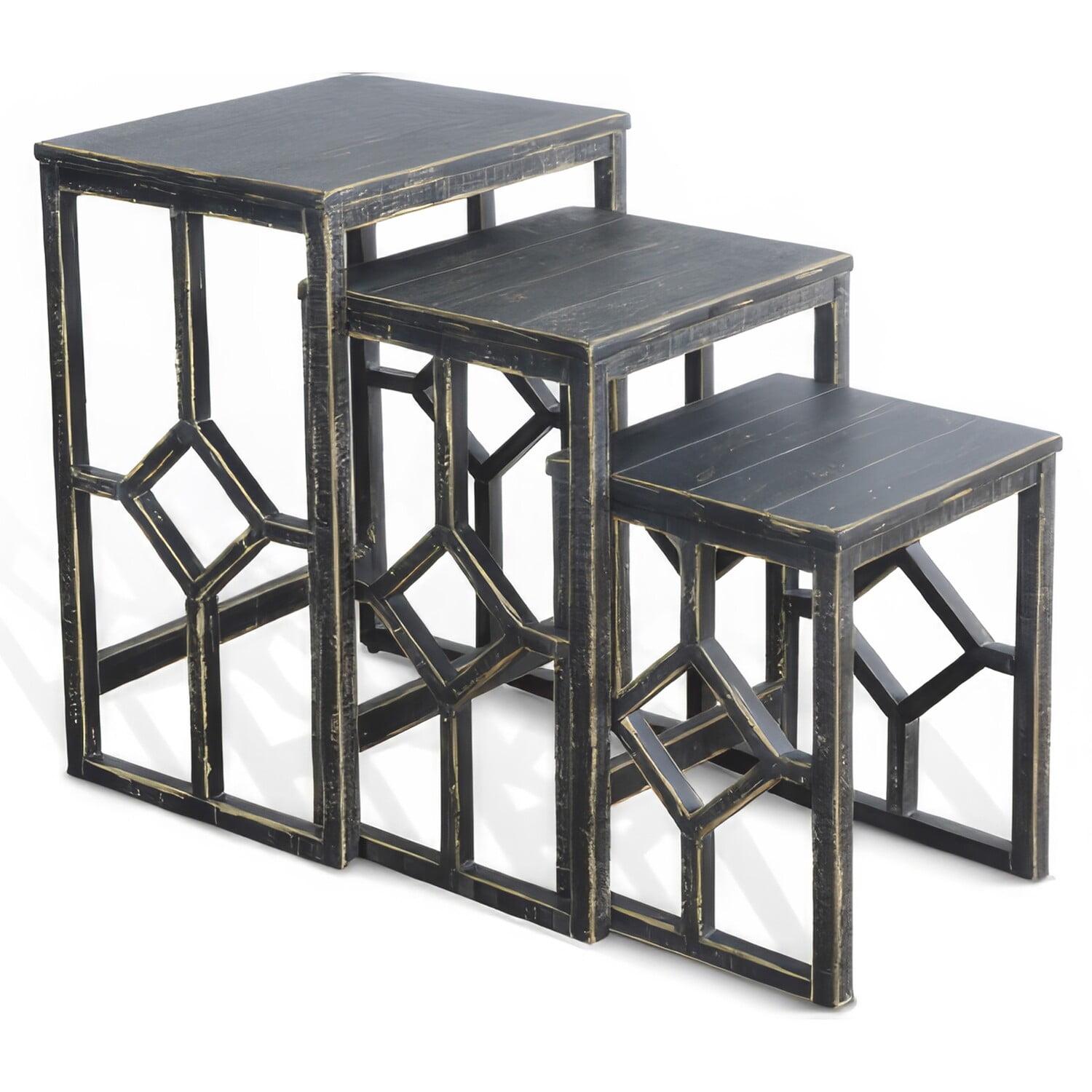 Benjara Rena 3 Piece Nesting Accent Table Set, Slatted, Rustic Black Mahogany