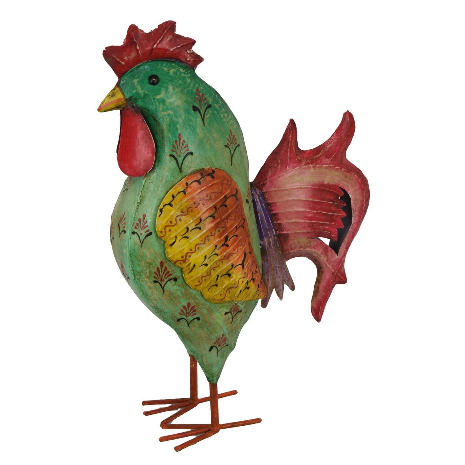 Benjara Rookie Painted Rooster, Garden Decor, Green Red Yellow Metal, 26 Inch