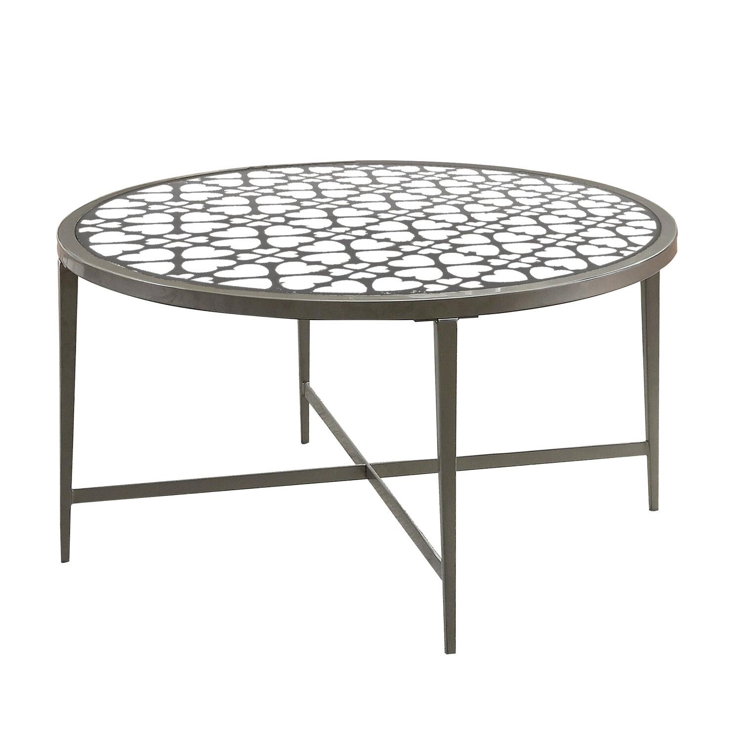Benjara Round Glass Top Coffee Table with X Support Metal Base, Silver